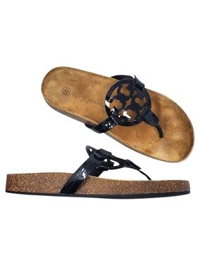 Tory Burch Miller Cloud Sandals Thong Patent Leather Perfect Black Size US 7
